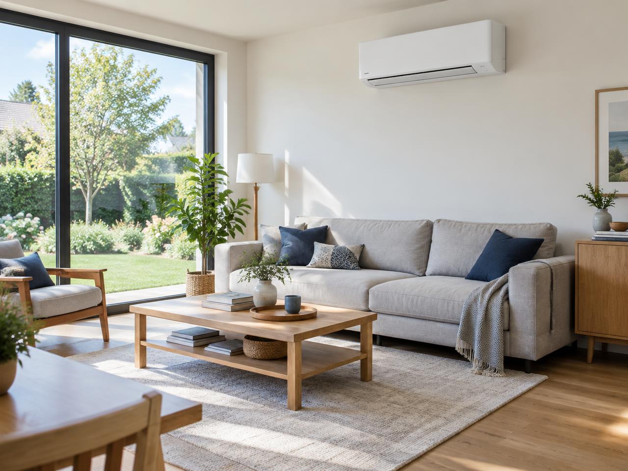 Pompe à chaleur air-air réversible dans un salon lumineux